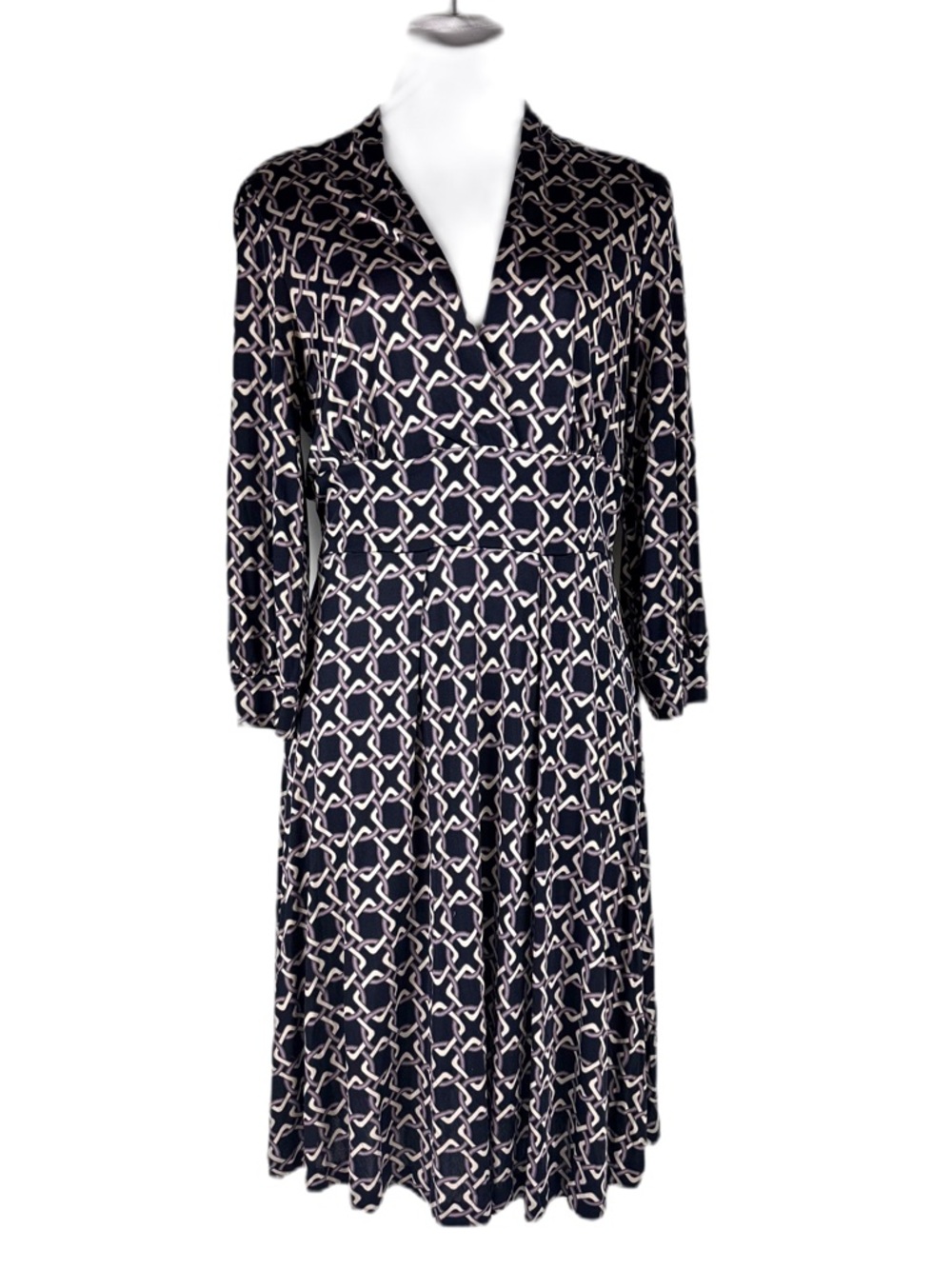 Banana Republic silky faux wrap knit dress w chain link pattern navy lavender M
